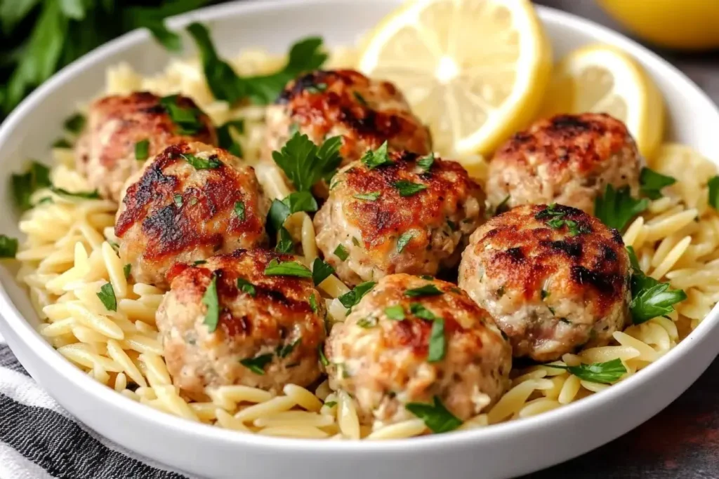 Greek Chicken Meatballs with Lemon Orzo served in a white bowl with lemon slices and parsley garnish.