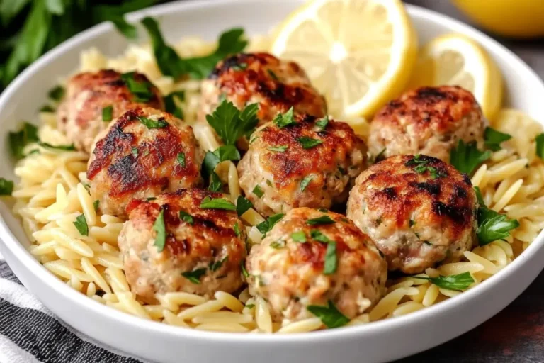 Greek Chicken Meatballs with Lemon Orzo served in a white bowl with lemon slices and parsley garnish.