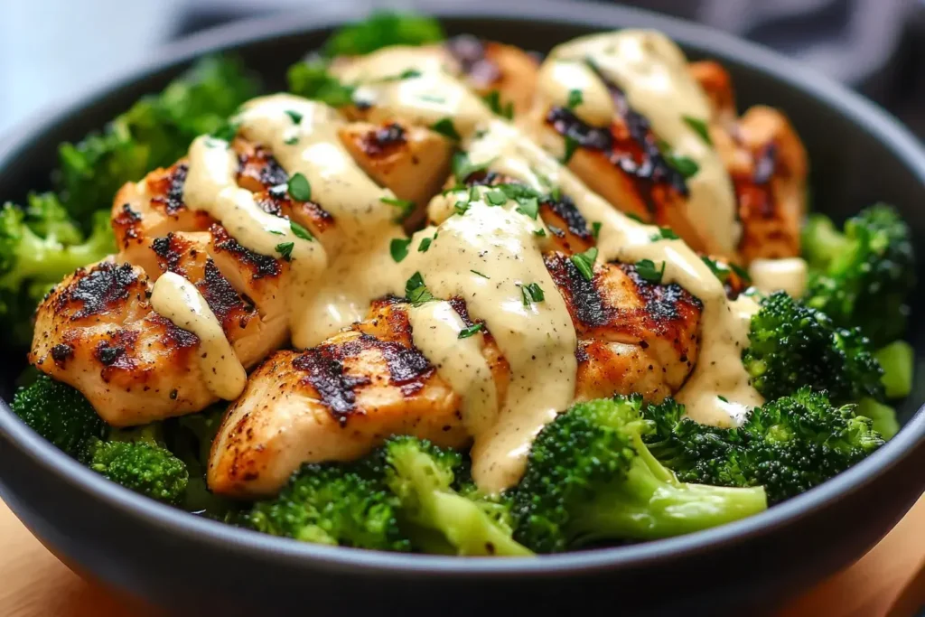Grilled Chicken and Broccoli Bowls with Creamy Garlic Sauce topped with fresh herbs in a black bowl.