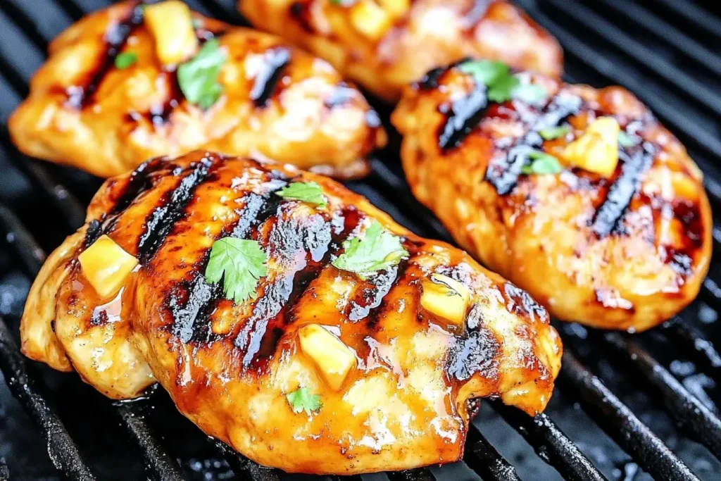 Grilled Huli Huli Chicken cooking on a hot grill with pineapple and cilantro garnish.