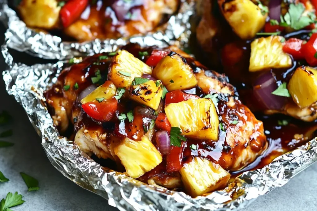 Grilled Hawaiian BBQ Chicken and Pineapple Foil Packets with red peppers and onions