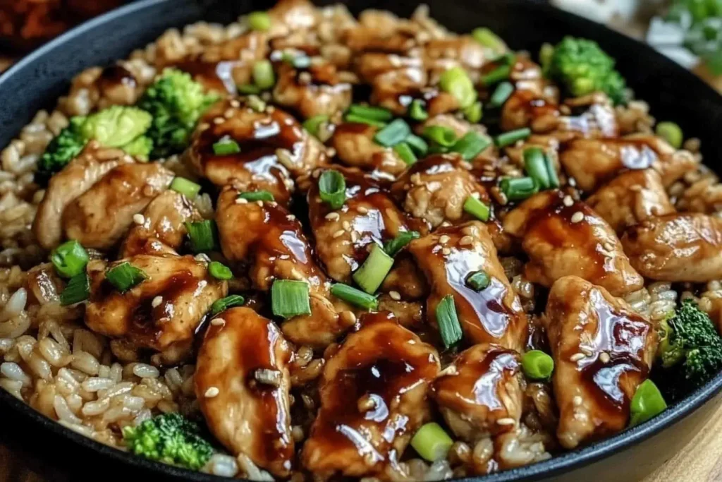 Close-up of Hibachi Chicken and Rice Skillet Meal with glazed chicken, broccoli, and rice in a black pan