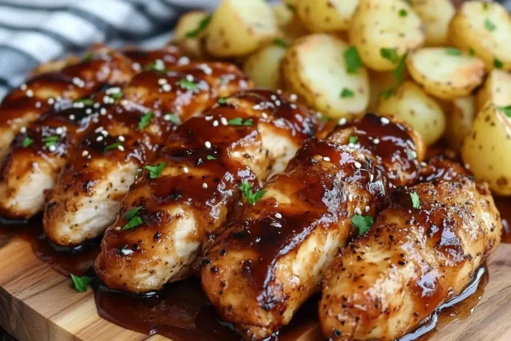 Close-up of High Protein Honey BBQ Chicken & Creamy Garlic Parmesan Potatoes