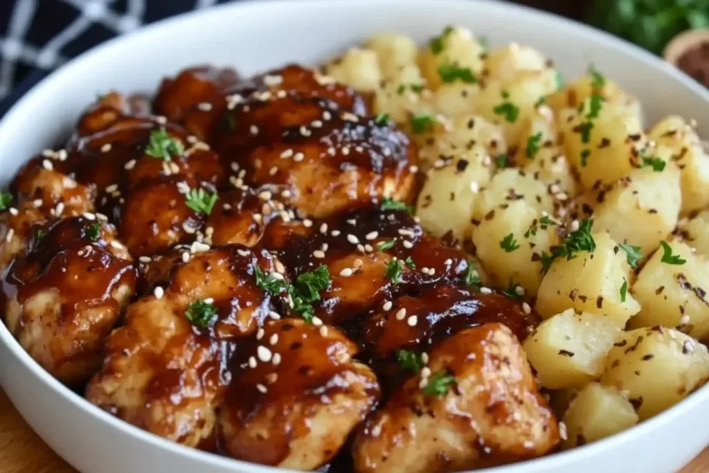 High Protein Honey BBQ Chicken & Creamy Garlic Parmesan Potatoes served with sesame seeds and parsley in a white bowl.