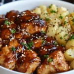 High Protein Honey BBQ Chicken & Creamy Garlic Parmesan Potatoes served with sesame seeds and parsley in a white bowl.
