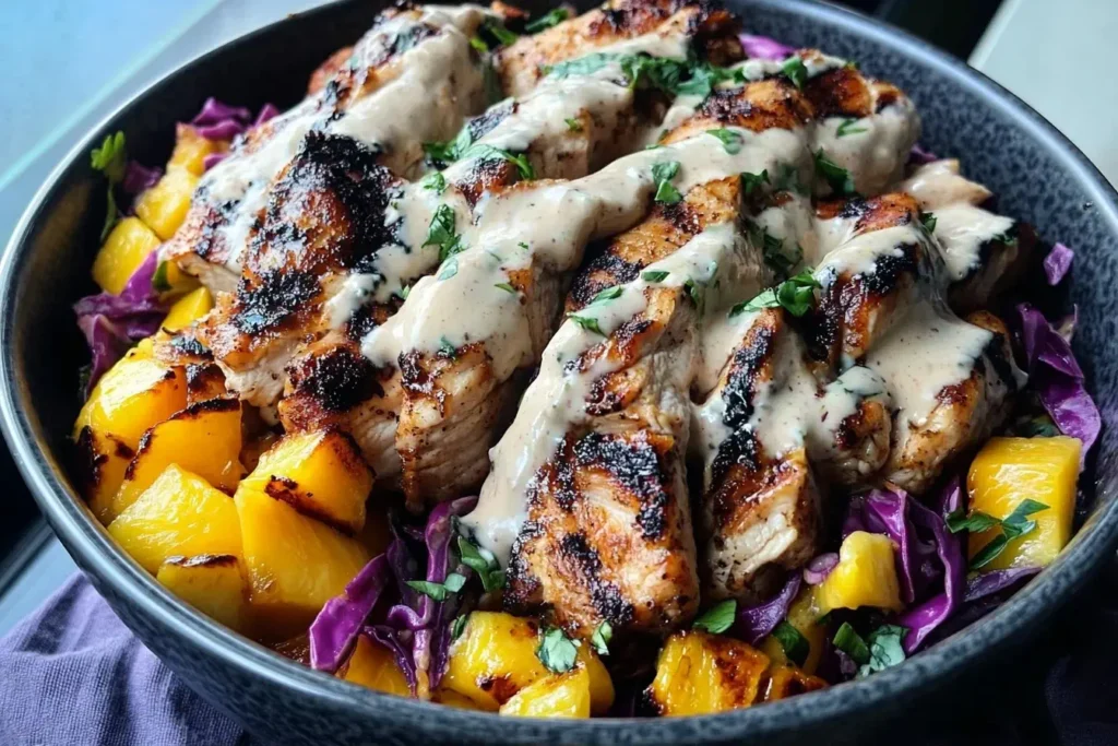 Grilled jerk chicken served over a vibrant mango slaw with creamy honey lime sauce drizzle – a delicious Jerk Chicken and Mango Slaw Bowl with Honey Lime Cream.