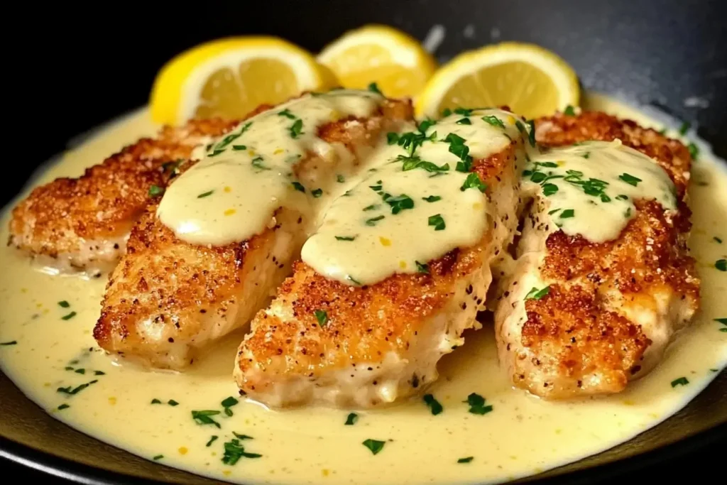 Crispy Lemon Pecorino Crusted Chicken with Creamy Lemon Sauce served in a skillet and garnished with fresh parsley and lemon slices.
