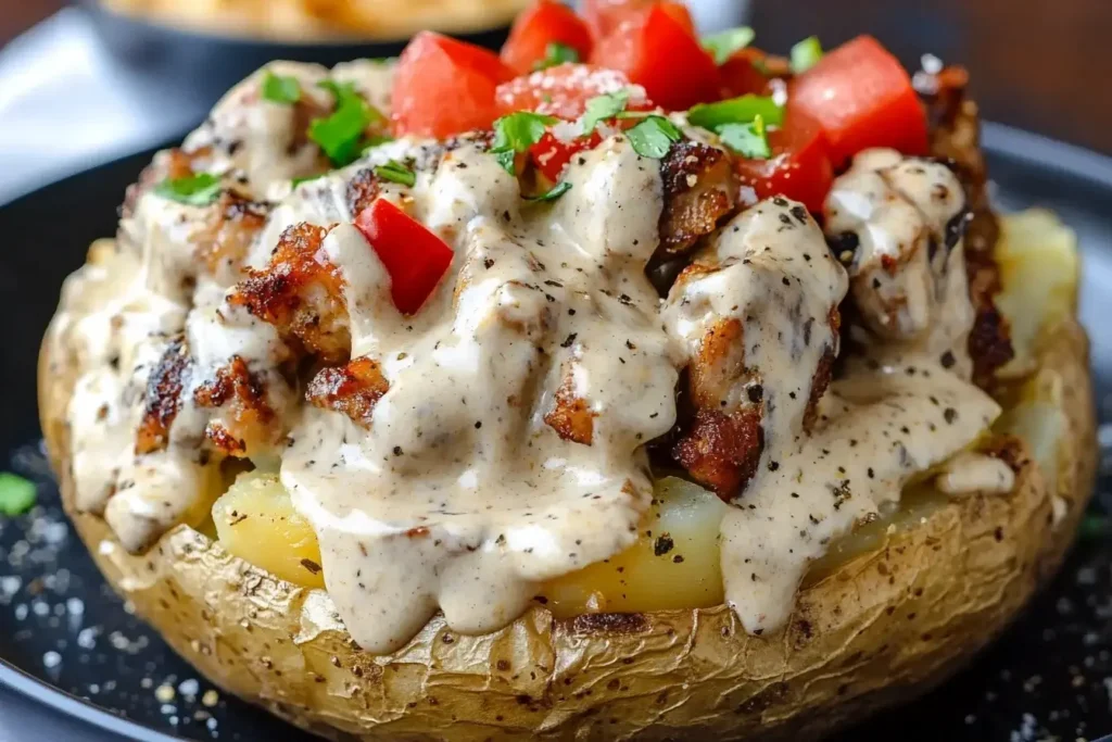 Loaded Jerk Chicken Baked Potato with Jerk Alfredo Sauce topped with diced tomatoes and creamy spiced sauce on a black plate.