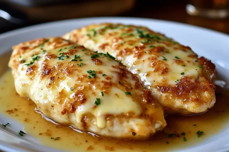 Juicy Longhorn Steakhouse Parmesan Crusted Chicken topped with melted cheese and herbs on a white plate.