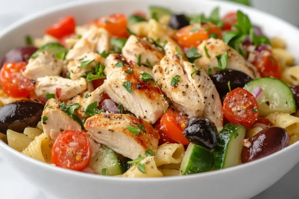 Grilled chicken with vegetables and pasta in a Mediterranean Chicken Pasta Salad bowl