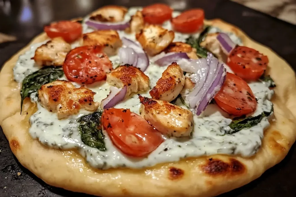 Close-up of Mediterranean Tzatziki Chicken Naan Pizza with grilled chicken, tzatziki sauce, tomatoes, spinach, and red onions on naan bread.