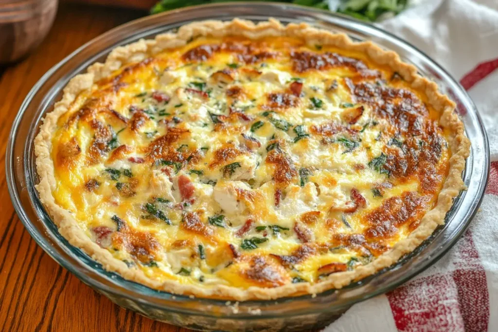 Freshly baked Monterey Chicken Quiche with golden crust, melted cheese, chicken, spinach, and onions in a glass pie dish.