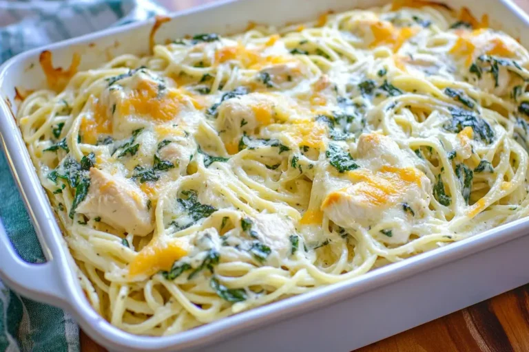 Baked Monterey Chicken Spaghetti in a casserole dish with melted cheese and spinach