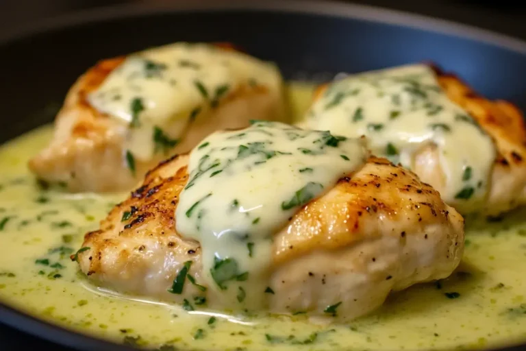 Mozzarella Chicken in Basil Cream Sauce sizzling in a pan, topped with fresh melted mozzarella and creamy basil sauce.