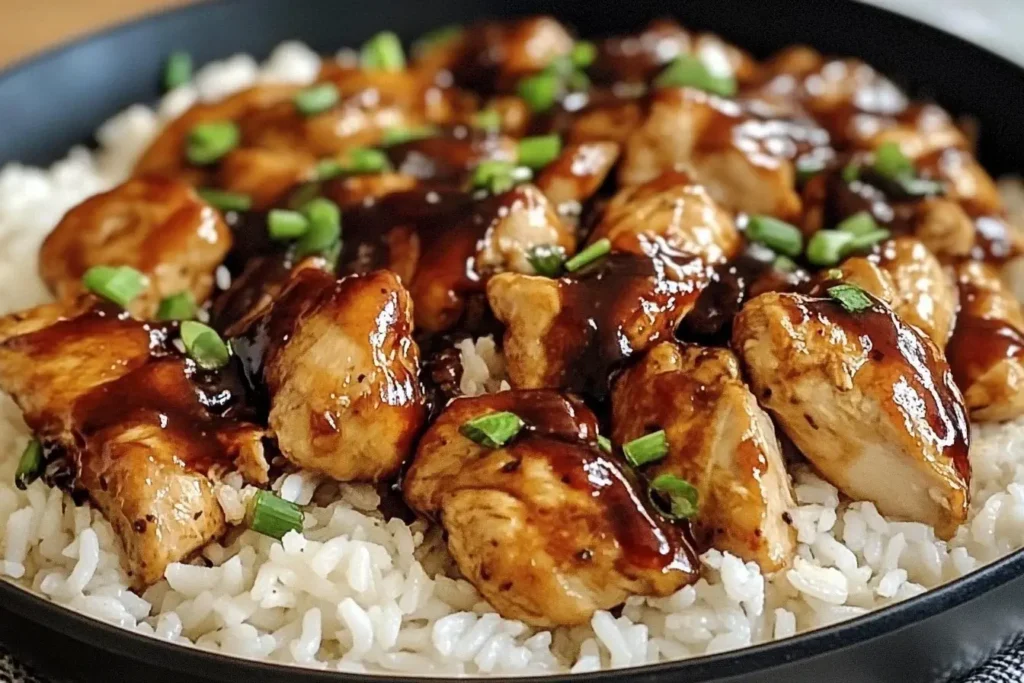 One-Pan Bold Honey BBQ Chicken Rice served over fluffy white rice and garnished with green onions.