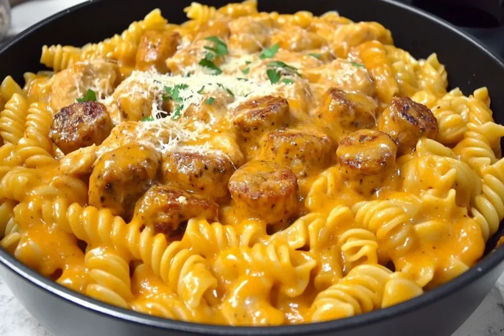 One-Pot Creamy Buffalo Cheddar Chicken and Sausage Pasta with rotini, seared sausage slices, and melted cheese in a black skillet