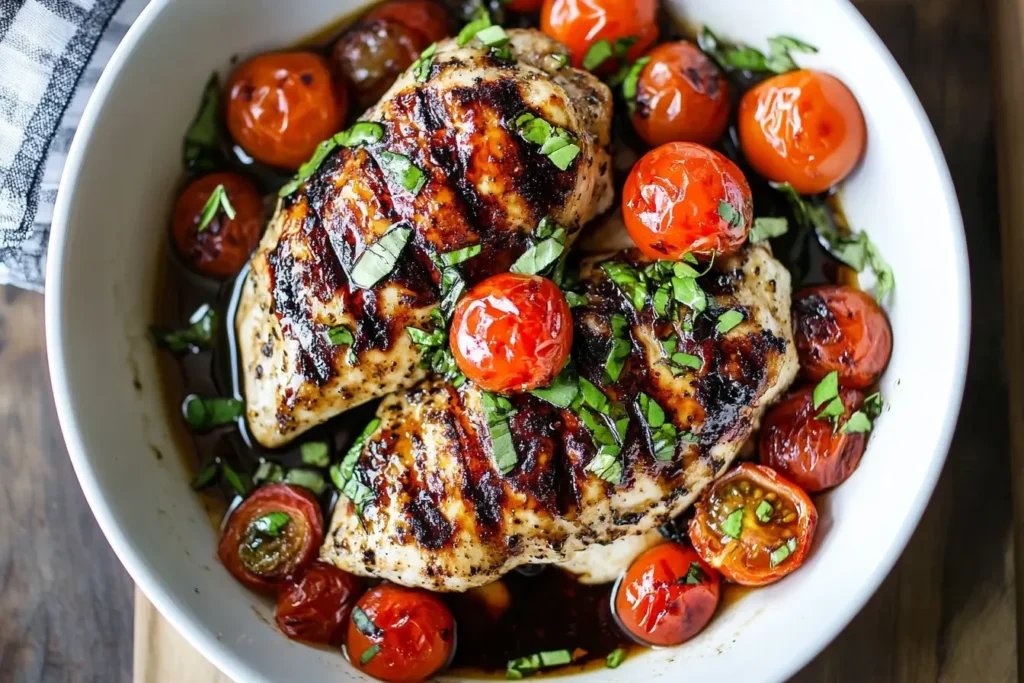 Juicy One Pan Balsamic Chicken with grilled tomatoes and fresh basil in a white bowl