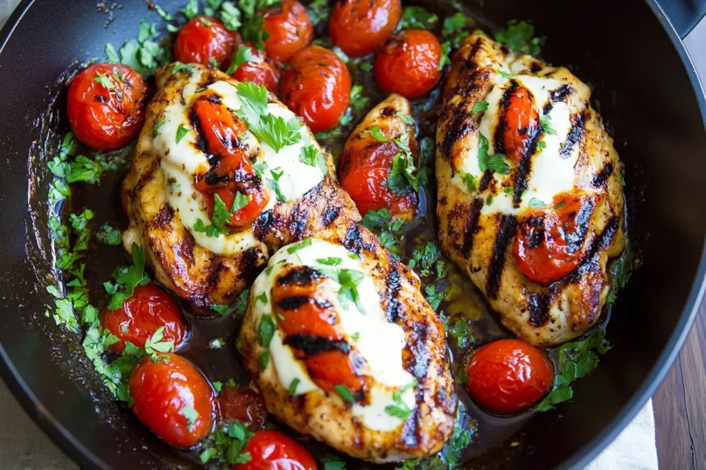 Grilled One Pan Balsamic Chicken topped with mozzarella and cherry tomatoes in a skillet
