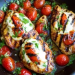 Grilled One Pan Balsamic Chicken topped with mozzarella and cherry tomatoes in a skillet