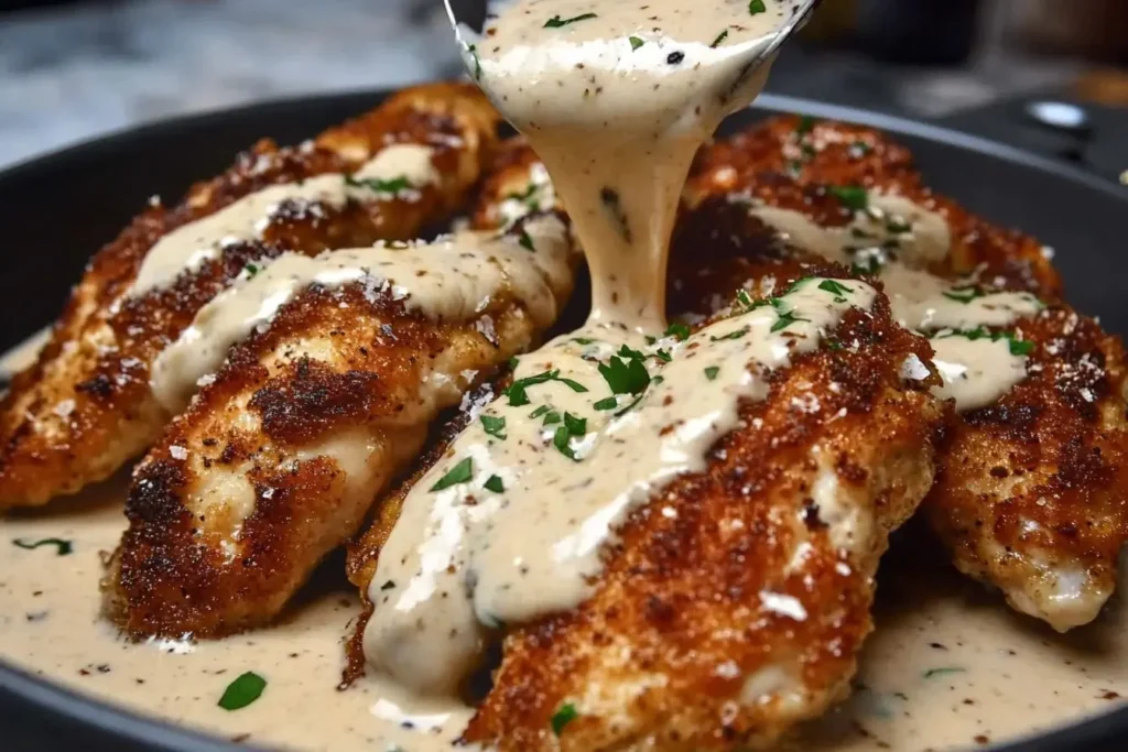 Parmesan Crusted Chicken with Creamy Garlic Sauce being drizzled with thick, velvety garlic cream in a skillet