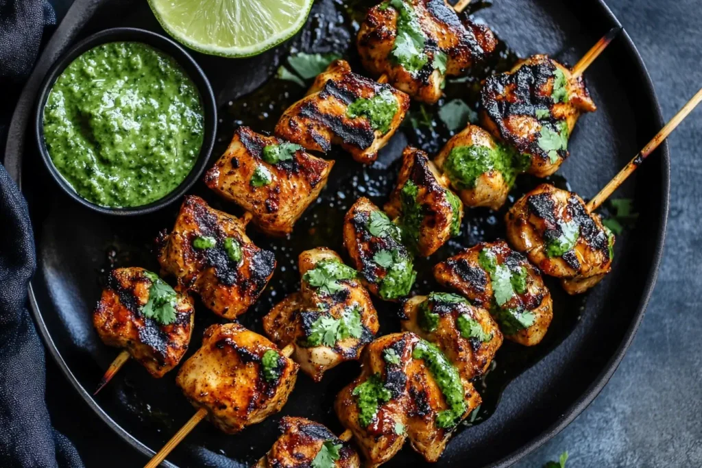 Peruvian Grilled Chicken skewers topped with green sauce and served with lime