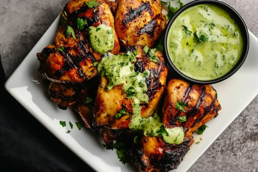 Grilled Peruvian chicken thighs topped with green sauce on a white plate