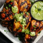Grilled Peruvian chicken thighs topped with green sauce on a white plate