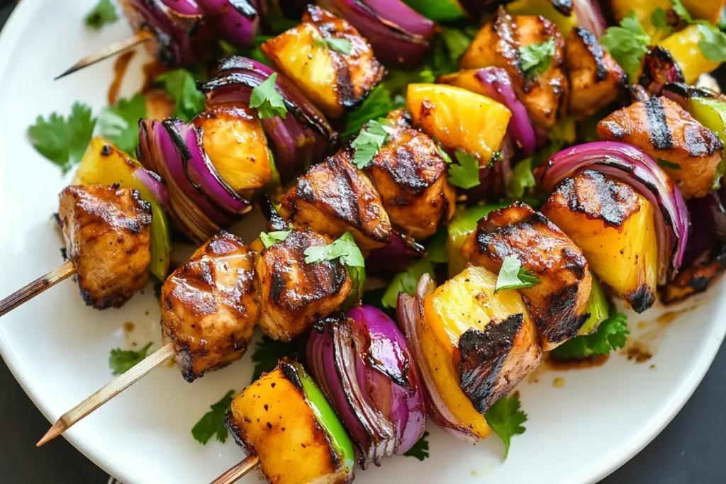 Grilled Pineapple Chicken Kebabs with juicy chicken, sweet pineapple, and colorful vegetables, perfect for a tropical summer meal.