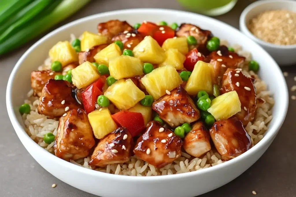 Pineapple Chicken and Rice with peas, red bell peppers, and sesame seeds on brown rice.