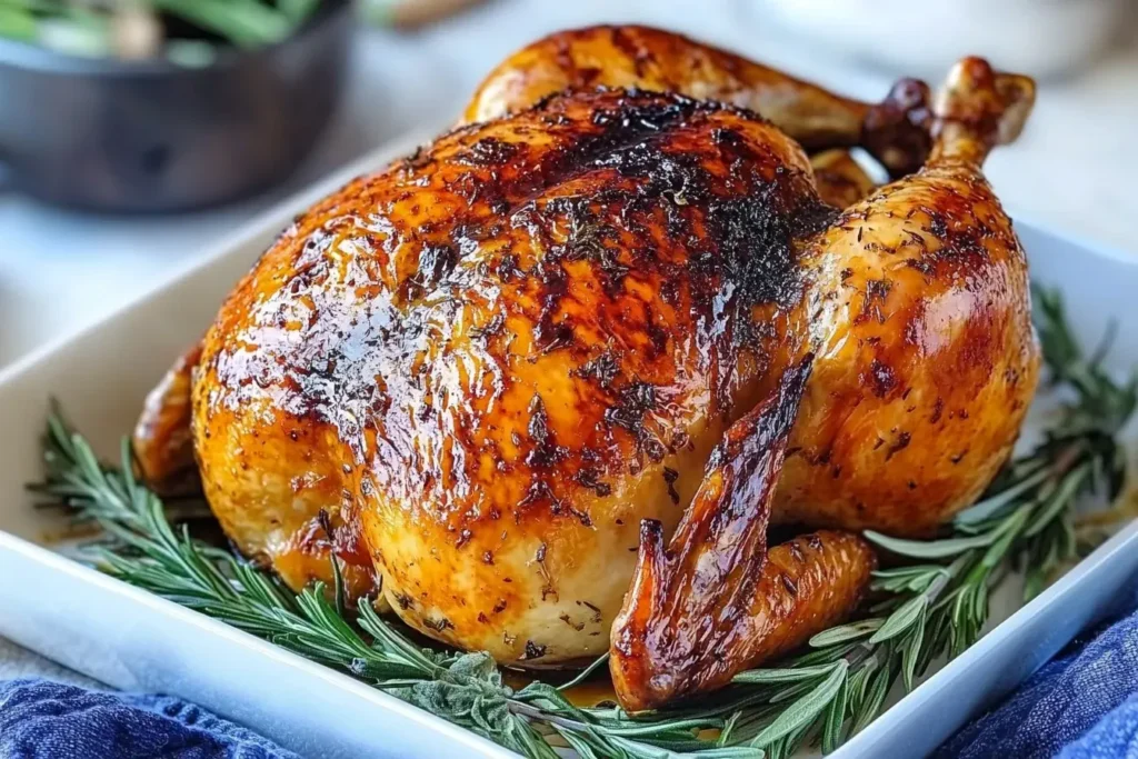 Golden-brown Roasted Chicken with Garlic and Herbs on a white serving dish garnished with fresh rosemary sprigs.