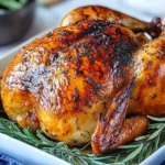 Golden-brown Roasted Chicken with Garlic and Herbs on a white serving dish garnished with fresh rosemary sprigs.