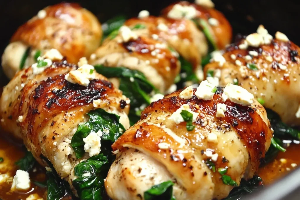 Golden-brown Spinach and Feta Chicken Rolls filled with fresh spinach and crumbled feta cheese, cooked to juicy perfection.