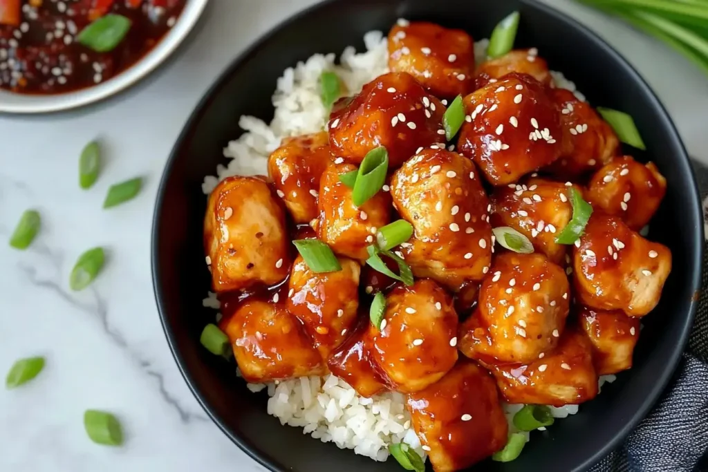 Sweet Chili Chicken served over fluffy rice, topped with sesame seeds and green onions in a black bowl.