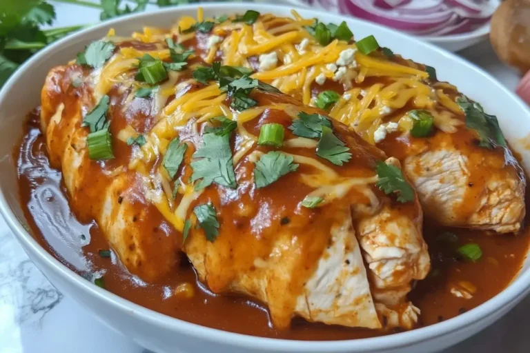 Texas Trash Chicken smothered in enchilada sauce, melted cheese, and garnished with fresh cilantro and green onions in a white bowl
