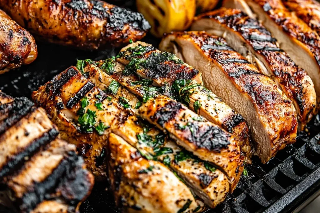 Sliced Traeger Smoked Chicken Breasts with perfect grill marks and fresh herb garnish on a pellet grill.