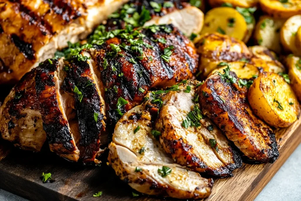 Juicy Traeger Smoked Chicken Breasts sliced and served with golden roasted potatoes, garnished with fresh herbs.