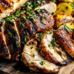 Juicy Traeger Smoked Chicken Breasts sliced and served with golden roasted potatoes, garnished with fresh herbs.