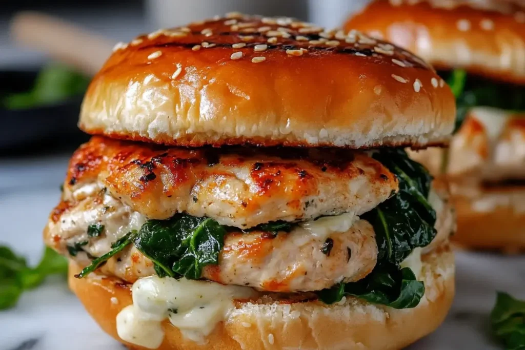 Close-up of a juicy White Cheddar and Spinach Chicken Burgers with melted cheese and sautéed spinach on a toasted sesame bun.