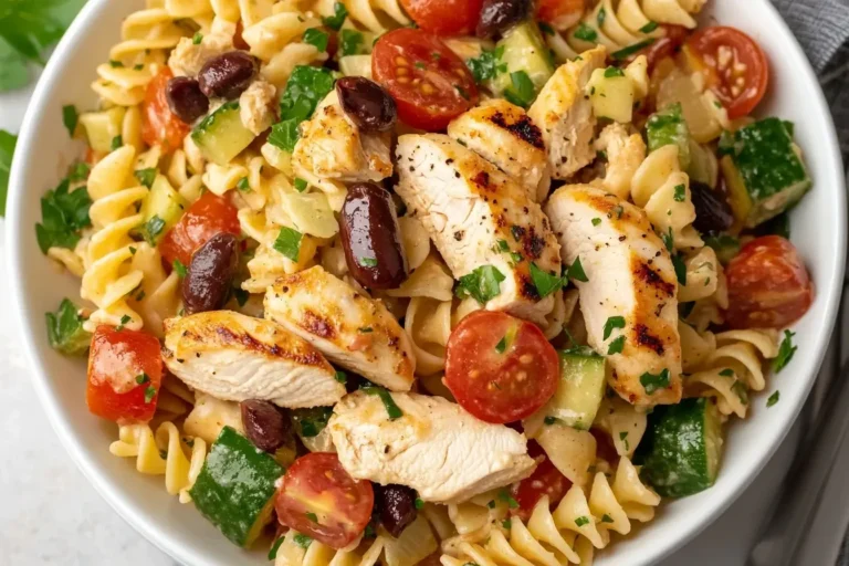Close-up of Mediterranean Chicken Pasta Salad with rotini, grilled chicken, tomatoes, cucumbers, and olives