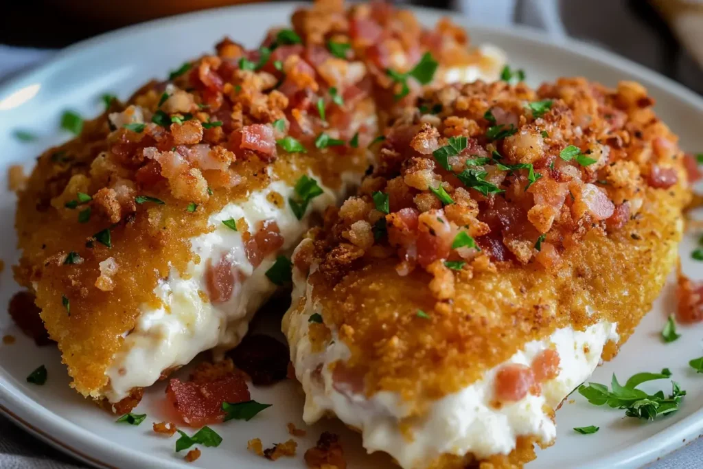 Close-up of crispy Cream Cheese and Bacon Stuffed Doritos Chicken topped with crumbled bacon and parsley on a white plate.