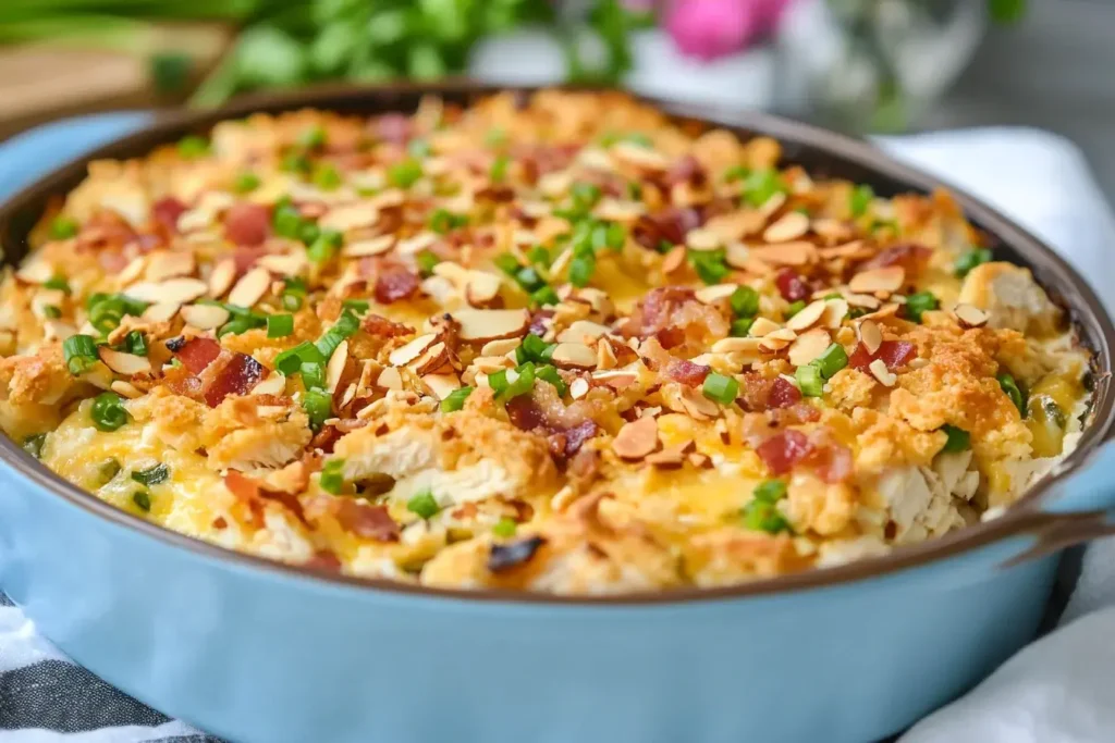 Freshly baked Neiman Marcus chicken casserole in a blue dish, topped with crispy bacon, sliced almonds, green onions, and a golden cracker crust.