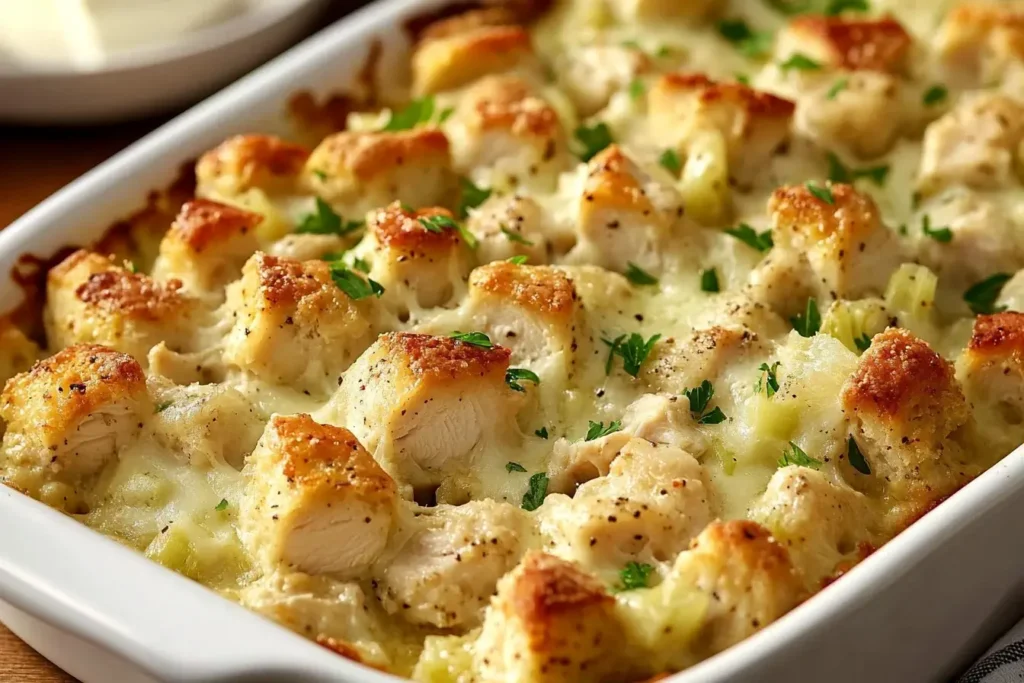 Close-up of creamy Chicken And Dressing Casserole with golden-brown chicken pieces and fresh parsley garnish.