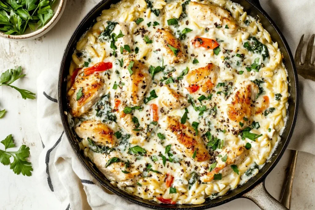 Creamy Ricotta Chicken and Orzo Skillet in a cast iron pan topped with fresh herbs and melted cheese