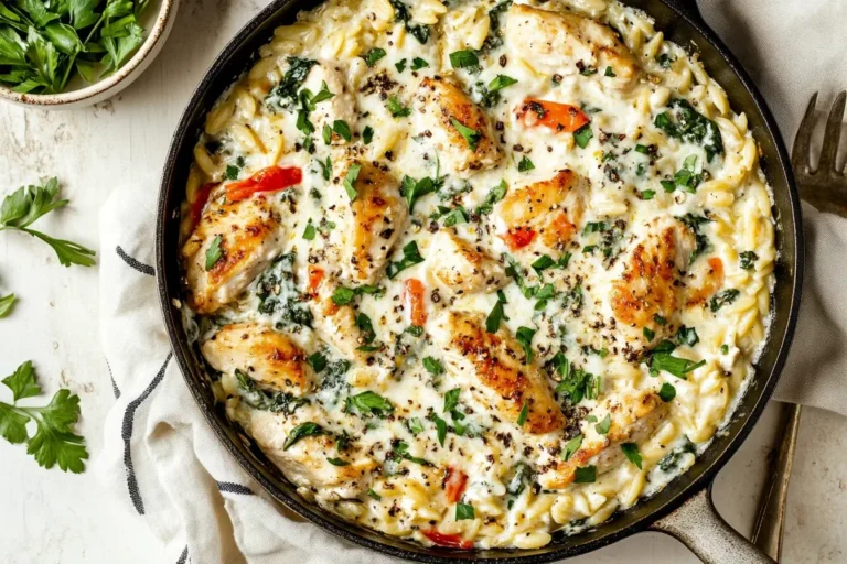 Creamy Ricotta Chicken and Orzo Skillet in a cast iron pan topped with fresh herbs and melted cheese