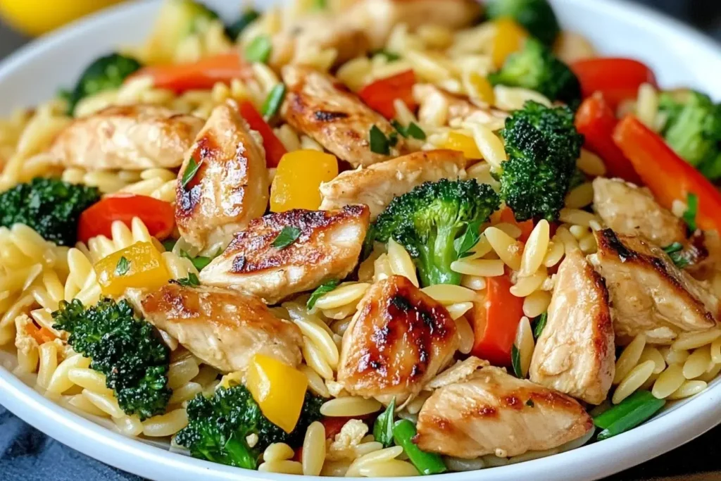 Lemon Chicken and Veggie Orzo Stir Fry with broccoli, bell peppers in a white bowl.