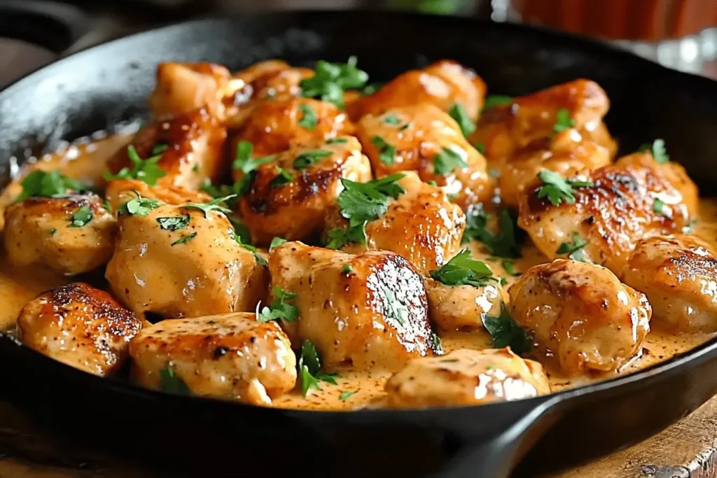 Close-up of Texas Roadhouse Butter Chicken Skillet juicy, golden-browned chicken pieces in a cast iron skillet, coated in a creamy honey butter sauce and garnished with fresh parsley.