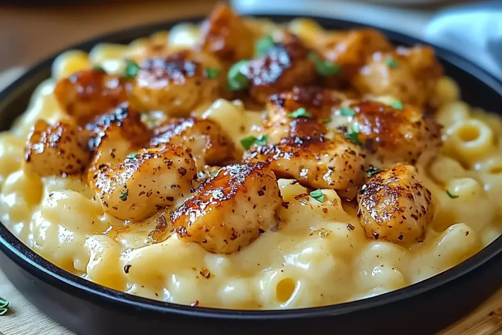 Close-up of Creamy Honey Pepper Chicken Mac and Cheese Delight topped with golden, glazed chicken bites and garnished with herbs.