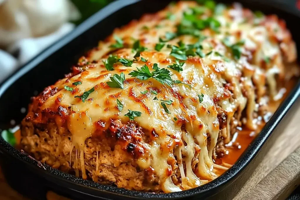 Golden-baked Garlic Parmesan Chicken Meatloaf topped with melted mozzarella and fresh parsley in a black baking dish.
