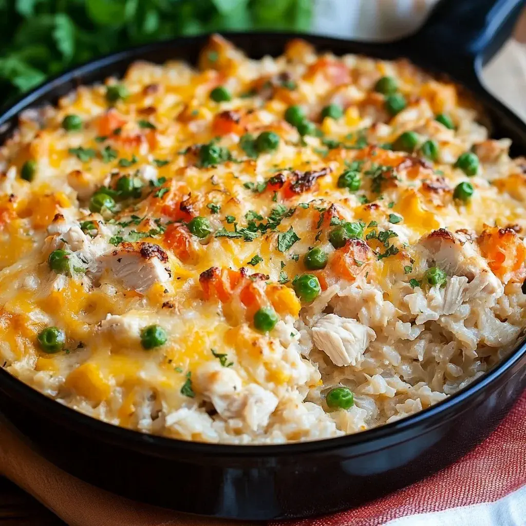 Creamy Chicken and Rice Casserole Delight topped with melted cheddar cheese and crispy breadcrumbs in a rustic baking dish