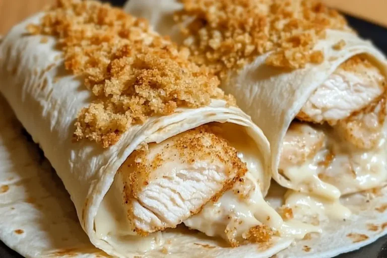 Crispy Garlic Parmesan Chicken Alfredo Wraps with creamy Alfredo sauce and crunchy topping